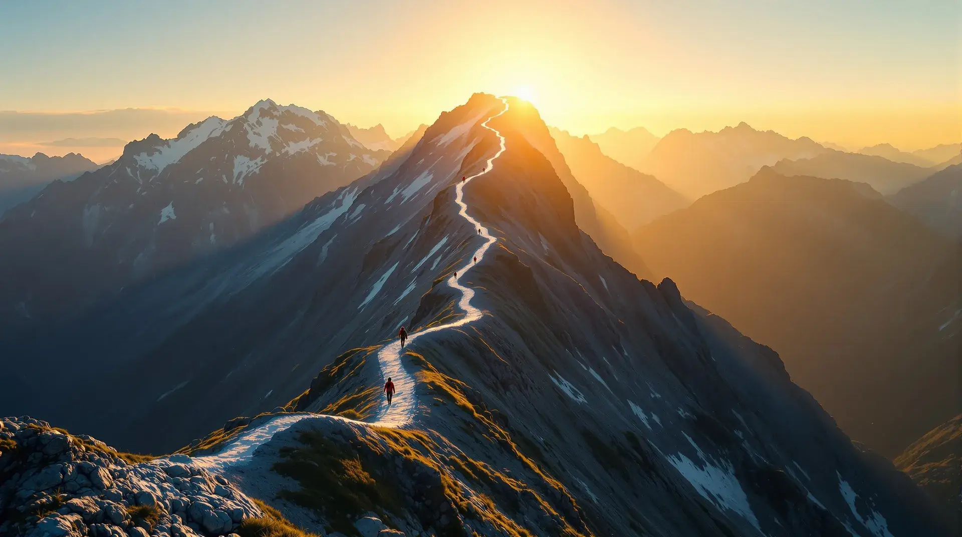 A mountain trail climbing from base camp through switchbacks to a sunlit summit — the shape of the 12-week ascent