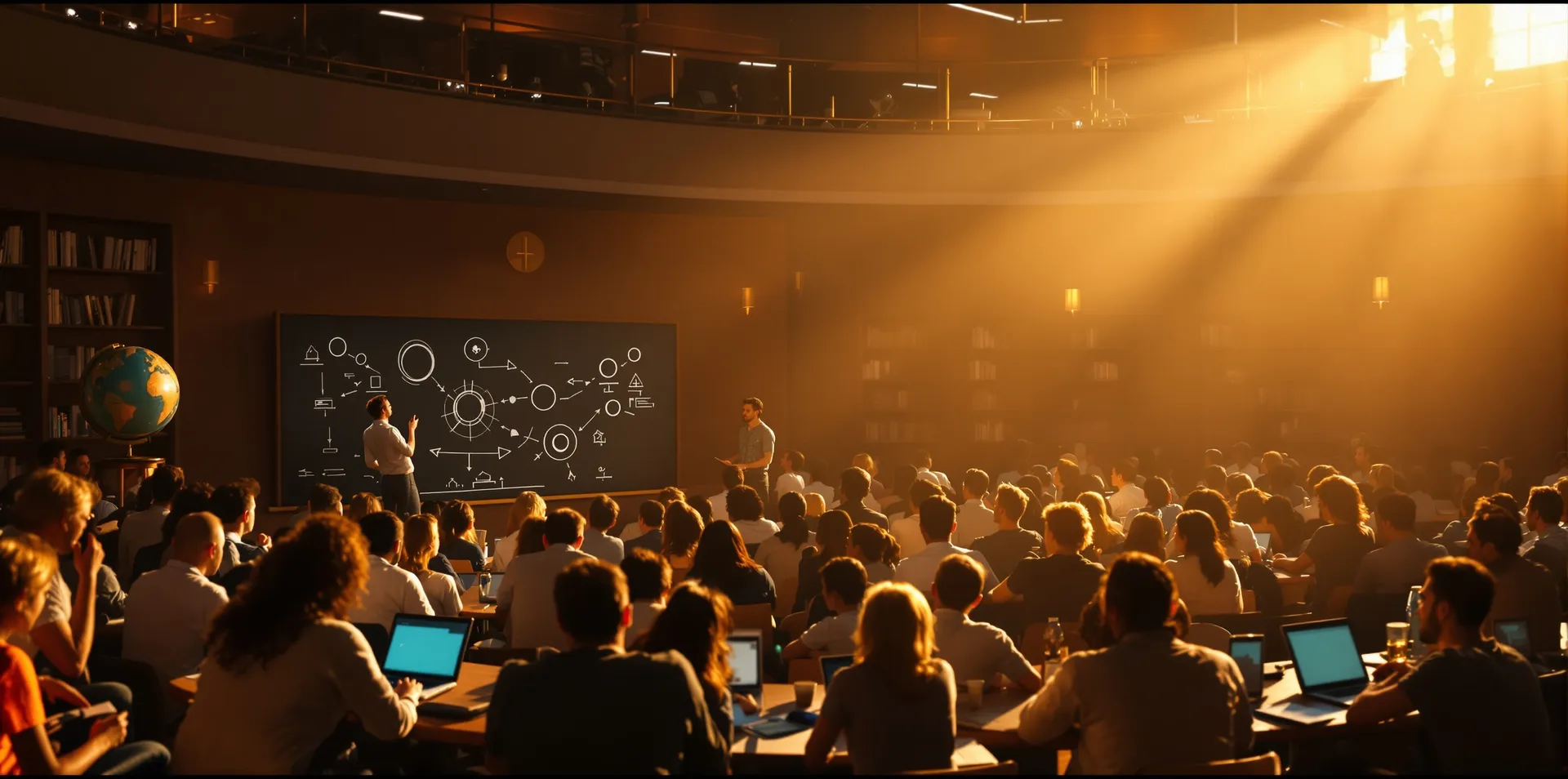 A warm amphitheater of learners in discussion at golden hour — the AUTONOMY digital campus, embodied