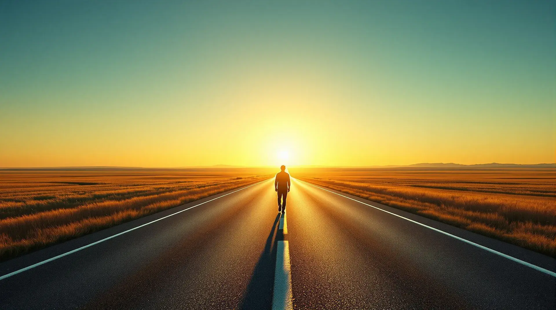 A lone figure walking an open highway toward a golden-hour horizon — the no-speed-limit autobahn back to forbidden knowledge