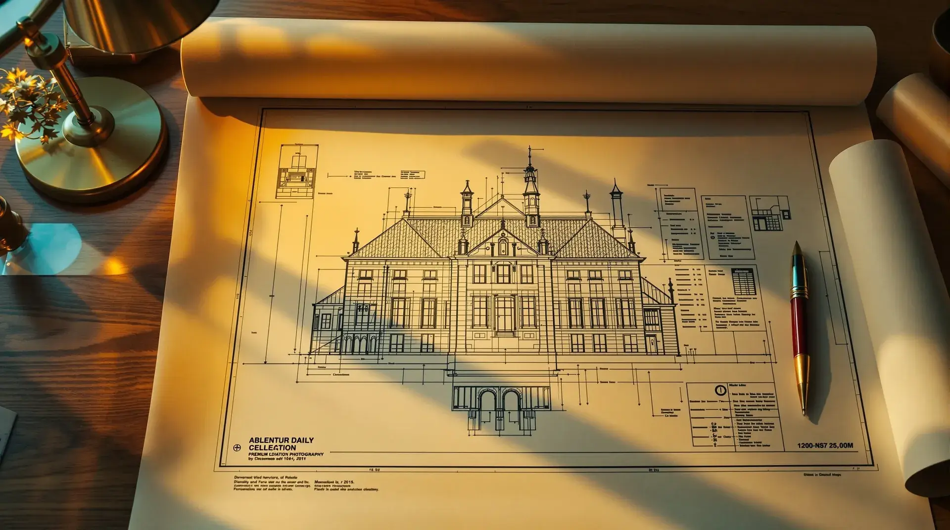 An architectural blueprint on a walnut drafting table under warm lamplight — the architecture of absolute potential