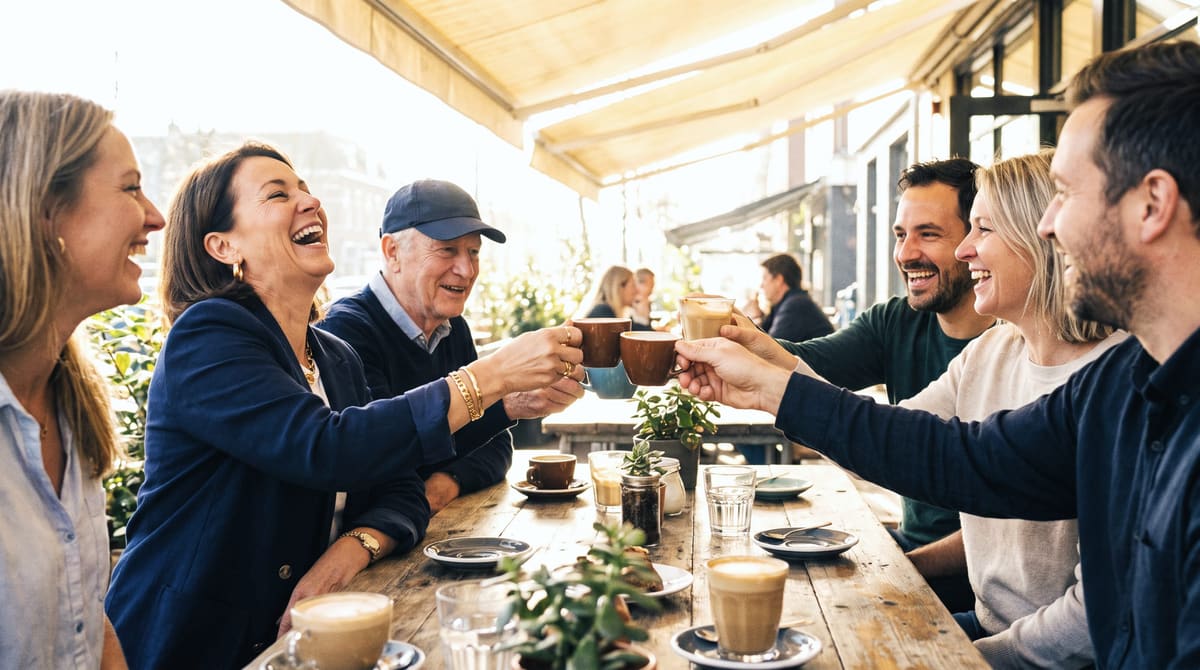 Friends of different ages toasting with coffee cups around a sunny café table, laughing