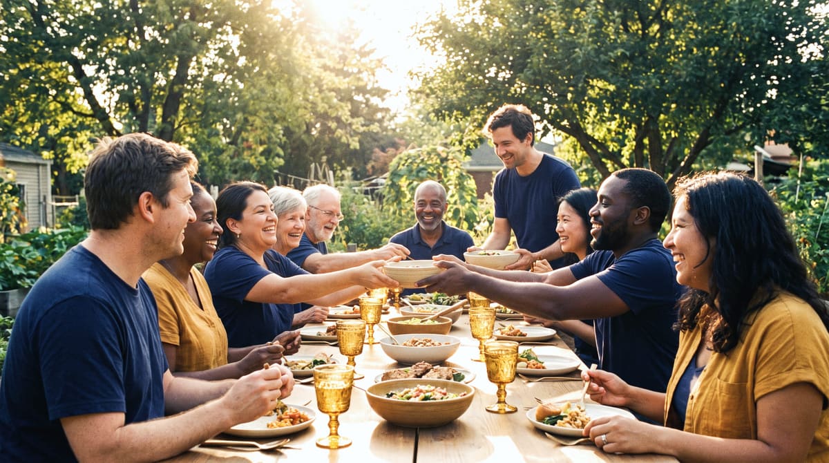 Neighbours of all ages at a long garden lunch in bright sunshine, passing dishes and laughing