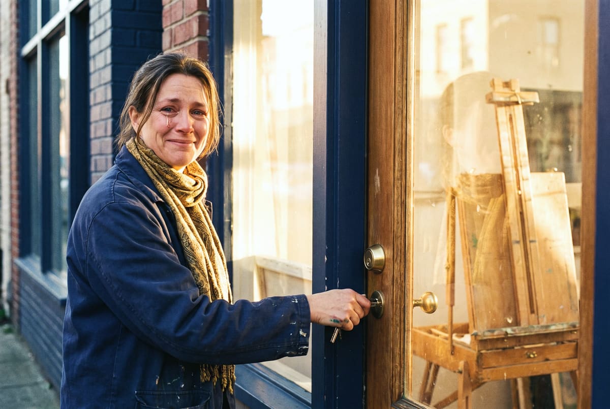 A woman unlocking the door of her own small studio for the first time, a proud smile