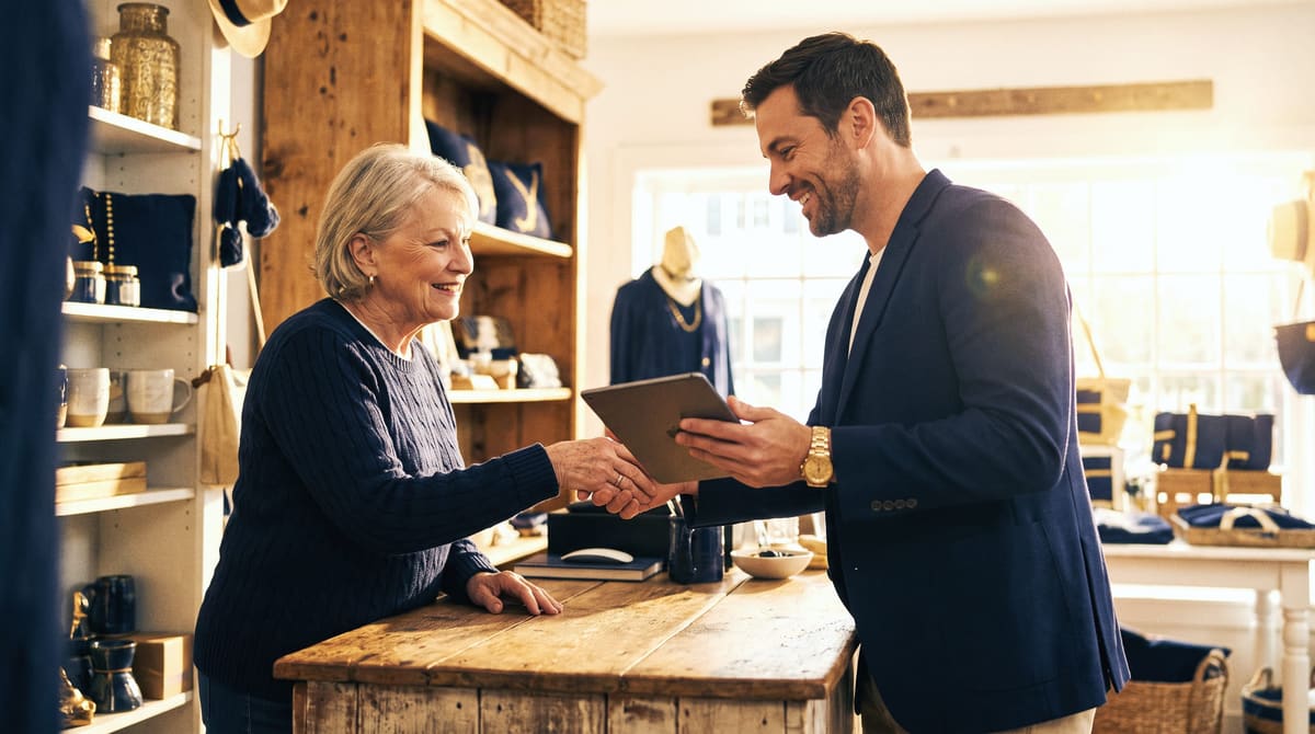A man presenting a proposal on a tablet to a shop owner at her counter, both smiling as they are about to shake hands