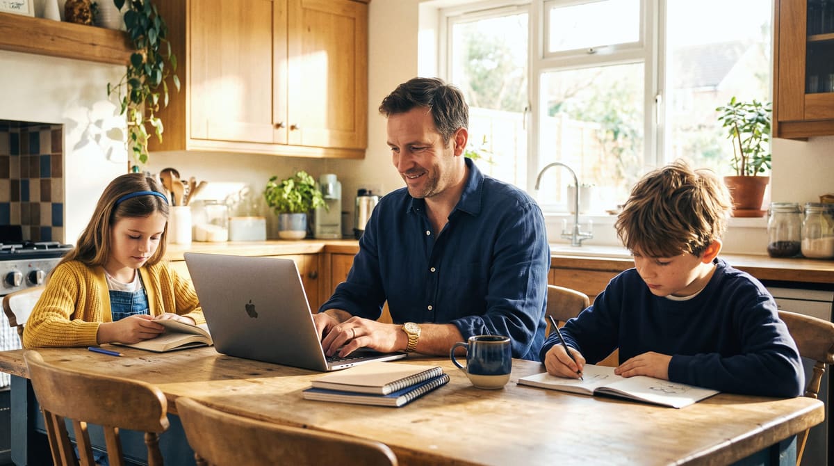 A father working on his laptop at a sunny kitchen table while his two children do their homework beside him