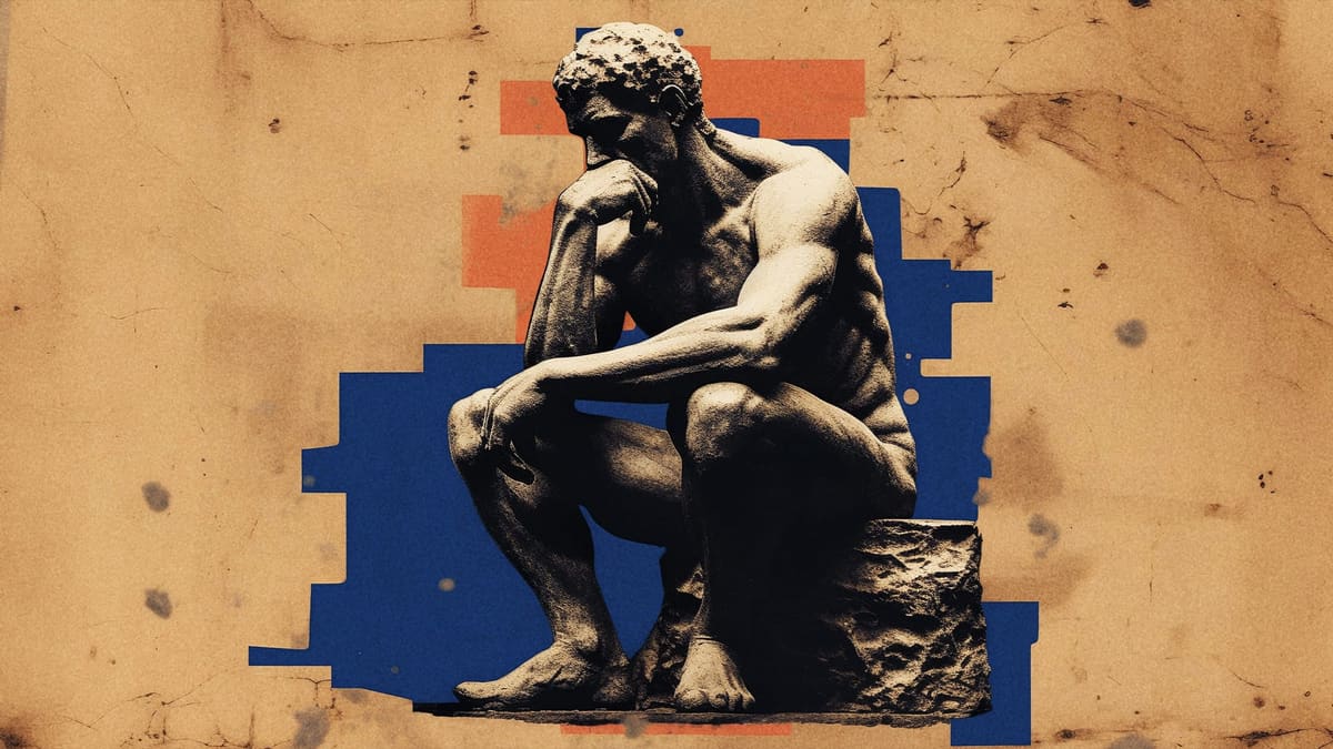 The Thinker statue set against navy and orange colour blocks